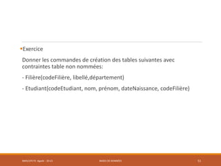 Exercice
Donner les commandes de création des tables suivantes avec
contraintes table non nommées:
- Filière(codeFilière, libellé,département)
- Etudiant(codeEtudiant, nom, prénom, dateNaissance, codeFilière)
SMI5/LPII FS Agadir : 20-21 BASES DE DONNÉES 51
 