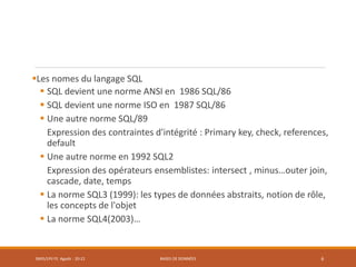 Les nomes du langage SQL
 SQL devient une norme ANSI en 1986 SQL/86
 SQL devient une norme ISO en 1987 SQL/86
 Une autre norme SQL/89
Expression des contraintes d'intégrité : Primary key, check, references,
default
 Une autre norme en 1992 SQL2
Expression des opérateurs ensemblistes: intersect , minus…outer join,
cascade, date, temps
 La norme SQL3 (1999): les types de données abstraits, notion de rôle,
les concepts de l'objet
 La norme SQL4(2003)…
SMI5/LPII FS Agadir : 20-21 BASES DE DONNÉES 6
 