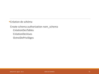 Création de schéma
Create schema authorization nom_schema
CréationDesTables
CréationDesVues
OctroiDePrivilèges
SMI5/LPII FS Agadir : 20-21 BASES DE DONNÉES 73
 