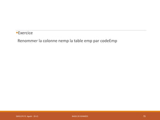 Exercice
Renommer la colonne nemp la table emp par codeEmp
SMI5/LPII FS Agadir : 20-21 BASES DE DONNÉES 79
 