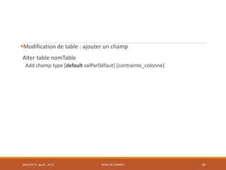 Modification de table : ajouter un champ
Alter table nomTable
Add champ type [default valParDéfaut] [contrainte_colonne]
SMI5/LPII FS Agadir : 20-21 BASES DE DONNÉES 80
 