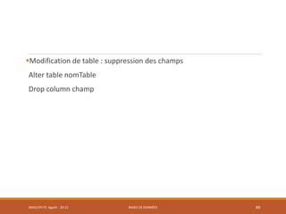 Modification de table : suppression des champs
Alter table nomTable
Drop column champ
SMI5/LPII FS Agadir : 20-21 BASES DE DONNÉES 89
 