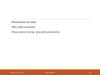 Modification de table
Alter table nomTable
Drop column champ [cascade constraints]
SMI5/LPII FS Agadir : 20-21 BASES DE DONNÉES 91
 