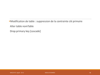 Modification de table : suppression de la contrainte clé primaire
Alter table nomTable
Drop primary key [cascade]
SMI5/LPII FS Agadir : 20-21 BASES DE DONNÉES 96
 