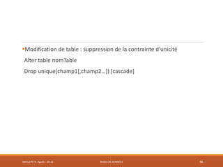 Modification de table : suppression de la contrainte d'unicité
Alter table nomTable
Drop unique(champ1[,champ2…]) [cascade]
SMI5/LPII FS Agadir : 20-21 BASES DE DONNÉES 98
 