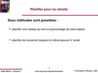 Planifier pour sa retraite


        Deux méthodes sont possibles :

              planifier une retraite qui soit un pourcentage de votre salaire



              planifier de conserver toujours le même pouvoir d ’achat




                                                 3
Bodie Merton - Chapitre 5        www.escp-eap.net/publications/bmt   © Christophe Thibierge - 2003
 