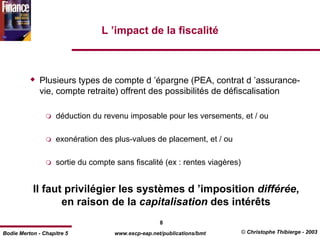 L ’impact de la fiscalité



              Plusieurs types de compte d ’épargne (PEA, contrat d ’assurance-
              vie, compte retraite) offrent des possibilités de défiscalisation

                    déduction du revenu imposable pour les versements, et / ou

                    exonération des plus-values de placement, et / ou

                    sortie du compte sans fiscalité (ex : rentes viagères)


           Il faut privilégier les systèmes d ’imposition différée,
                  en raison de la capitalisation des intérêts
                                                     8
Bodie Merton - Chapitre 5            www.escp-eap.net/publications/bmt       © Christophe Thibierge - 2003
 