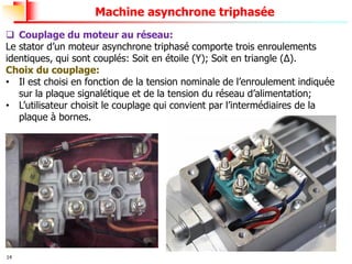14
Machine asynchrone triphasée
❑ Couplage du moteur au réseau:
Le stator d’un moteur asynchrone triphasé comporte trois enroulements
identiques, qui sont couplés: Soit en étoile (Y); Soit en triangle (Δ).
Choix du couplage:
• Il est choisi en fonction de la tension nominale de l’enroulement indiquée
sur la plaque signalétique et de la tension du réseau d’alimentation;
• L’utilisateur choisit le couplage qui convient par l’intermédiaires de la
plaque à bornes.
 