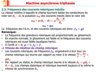 27
Machine asynchrone triphasée
2.3. Fréquence des courants rotoriques induits:
La vitesse relative à laquelle le champ tournant balaie les conducteurs du
rotor est 𝜴𝒔 − 𝜴, la pulsation 𝝎𝑹 des courants induits dans le rotor est:
𝝎𝑹 = 𝒑 𝜴𝒔 − 𝜴 = 𝝎
𝜴𝒔 − 𝜴
𝜴𝒔
𝝎𝑹 = 𝒈𝝎
La fréquence des f.é.m. et des courants rotoriques est donc: 𝒇𝑹 = 𝒈𝒇
Remarque:
• La fréquence des grandeurs rotoriques est proportionnelle au glissement.
• En marche normale, le glissement est faible et la fréquence des courants
rotoriques est aussi faible (quelques hertz).
• À l’arrêt 𝜴 = 𝟎; 𝒈 = 𝟏; 𝒇𝑹 = 𝒇.
❑ Vitesse de rotation du champ rotorique
• Les courants rotoriques, de fréquence 𝒇𝑹, engendrent à leur tour un
champ rotorique qui tourne par rapport au rotor à la vitesse
𝝎𝑹
𝒑
=
𝒈𝝎
𝒑
=
𝒈𝜴𝒔.
• Par rapport au stator, le champ rotorique tourne à la vitesse 𝜴𝒓 = 𝒈𝜴𝒔 +
𝜴 = 𝜴𝒔. Les champs statorique et rotorique tournent toujours à la même la
vitesse de synchronisme 𝜴𝒔.
 