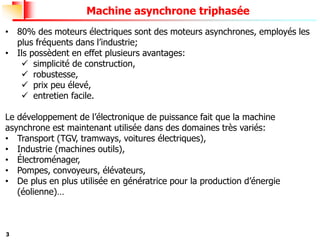 3
Machine asynchrone triphasée
• 80% des moteurs électriques sont des moteurs asynchrones, employés les
plus fréquents dans l’industrie;
• Ils possèdent en effet plusieurs avantages:
✓ simplicité de construction,
✓ robustesse,
✓ prix peu élevé,
✓ entretien facile.
Le développement de l’électronique de puissance fait que la machine
asynchrone est maintenant utilisée dans des domaines très variés:
• Transport (TGV, tramways, voitures électriques),
• Industrie (machines outils),
• Électroménager,
• Pompes, convoyeurs, élévateurs,
• De plus en plus utilisée en génératrice pour la production d’énergie
(éolienne)…
 