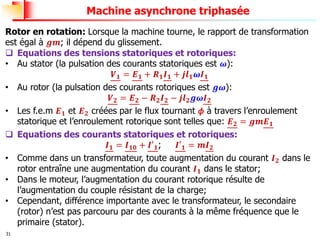 31
Machine asynchrone triphasée
Rotor en rotation: Lorsque la machine tourne, le rapport de transformation
est égal à 𝒈𝒎; il dépend du glissement.
❑ Equations des tensions statoriques et rotoriques:
• Au stator (la pulsation des courants statoriques est 𝝎):
𝑽𝟏 = 𝑬𝟏 + 𝑹𝟏𝑰𝟏 + 𝒋𝒍𝟏𝝎𝑰𝟏
• Au rotor (la pulsation des courants rotoriques est 𝒈𝝎):
𝑽𝟐 = 𝑬𝟐 − 𝑹𝟐𝑰𝟐 − 𝒋𝒍𝟐𝒈𝝎𝑰𝟐
• Les f.e.m 𝑬𝟏 et 𝑬𝟐 créées par le flux tournant 𝜙 à travers l’enroulement
statorique et l’enroulement rotorique sont telles que: 𝑬𝟐 = 𝒈𝒎𝑬𝟏
❑ Equations des courants statoriques et rotoriques:
𝑰𝟏 = 𝑰𝟏𝟎 + 𝑰′𝟏; 𝑰′𝟏 = 𝒎𝑰𝟐
• Comme dans un transformateur, toute augmentation du courant 𝑰𝟐 dans le
rotor entraîne une augmentation du courant 𝑰𝟏 dans le stator;
• Dans le moteur, l’augmentation du courant rotorique résulte de
l’augmentation du couple résistant de la charge;
• Cependant, différence importante avec le transformateur, le secondaire
(rotor) n’est pas parcouru par des courants à la même fréquence que le
primaire (stator).
 