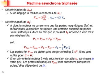 75
Machine asynchrone triphasée
• Détermination de 𝑿𝒎:
✓ Si on néglige la tension aux bornes de 𝑹𝟏:
𝑿𝒎 = 𝟑
𝑽𝒏
𝟐
𝑸𝟎
; 𝑼𝒏 = 𝟑 𝑽𝒏
• Détermination de 𝑹𝒇:
✓ À vide, le moteur ne consomme que les pertes magnétiques (fer) et
mécaniques, auxquelles se rajoute une certaine quantité de pertes
Joule statoriques, dues au fait que le courant 𝑰𝟎 absorbé à vide n'est
pas négligeable:
𝑷𝟎 = 𝑷𝒇𝒆𝒓 + 𝑷𝑱𝑺 + 𝑷𝒑𝒎
soit:
𝑷𝒇𝒆𝒓 + 𝑷𝒑𝒎 = 𝑷𝟎 − 𝑷𝑱𝑺 = 𝑷𝟎 −
𝟑
𝟐
𝑹𝑩𝑰𝟎
𝟐
✓ Les pertes fer 𝑷𝒇𝒆𝒓 au stator sont proportionnelles à 𝑼𝟐
. Elles sont
nulles pour 𝑼 = 𝟎;
✓ Si on alimente le moteur à vide sous tension variable 𝑼, sa vitesse 𝜴
varie peu. Les pertes mécaniques 𝑷𝒑𝒎 sont quasiment constantes
puisqu’elles dépendent de 𝜴;
 