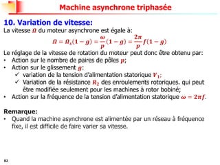 82
Machine asynchrone triphasée
10. Variation de vitesse:
La vitesse 𝜴 du moteur asynchrone est égale à:
𝜴 = 𝜴𝒔 𝟏 − 𝒈 =
𝝎
𝒑
𝟏 − 𝒈 =
𝟐𝝅
𝒑
𝒇 𝟏 − 𝒈
Le réglage de la vitesse de rotation du moteur peut donc être obtenu par:
• Action sur le nombre de paires de pôles 𝒑;
• Action sur le glissement 𝒈:
✓ variation de la tension d’alimentation statorique 𝑽𝟏;
✓ Variation de la résistance 𝑹𝟐 des enroulements rotoriques. qui peut
être modifiée seulement pour les machines à rotor bobiné;
• Action sur la fréquence de la tension d’alimentation statorique 𝝎 = 𝟐𝝅𝒇.
Remarque:
• Quand la machine asynchrone est alimentée par un réseau à fréquence
fixe, il est difficile de faire varier sa vitesse.
 