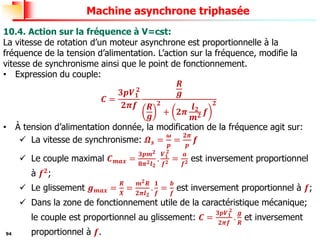 94
Machine asynchrone triphasée
10.4. Action sur la fréquence à V=cst:
La vitesse de rotation d’un moteur asynchrone est proportionnelle à la
fréquence de la tension d’alimentation. L’action sur la fréquence, modifie la
vitesse de synchronisme ainsi que le point de fonctionnement.
• Expression du couple:
𝑪 =
𝟑𝒑𝑽𝟏
𝟐
𝟐𝝅𝒇
𝑹
𝒈
𝑹
𝒈
𝟐
+ 𝟐𝝅
𝒍𝟐
𝒎𝟐 𝒇
𝟐
• À tension d’alimentation donnée, la modification de la fréquence agit sur:
✓ La vitesse de synchronisme: 𝜴𝒔 =
𝝎
𝒑
=
𝟐𝝅
𝒑
𝒇
✓ Le couple maximal 𝑪𝒎𝒂𝒙 =
𝟑𝒑𝒎𝟐
𝟖𝝅𝟐𝒍𝟐
.
𝑽𝟏
𝟐
𝒇𝟐 =
𝒂
𝒇𝟐 est inversement proportionnel
à 𝒇𝟐
;
✓ Le glissement 𝒈𝒎𝒂𝒙 =
𝑹
𝑿
=
𝒎𝟐𝑹
𝟐𝝅𝒍𝟐
.
𝟏
𝒇
=
𝒃
𝒇
est inversement proportionnel à 𝒇;
✓ Dans la zone de fonctionnement utile de la caractéristique mécanique;
le couple est proportionnel au glissement: 𝑪 =
𝟑𝒑𝑽𝟏
𝟐
𝟐𝝅𝒇
.
𝒈
𝑹
et inversement
proportionnel à 𝒇.
 