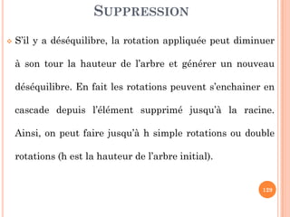 SUPPRESSION
S’il y a déséquilibre, la rotation appliquée peut diminuer
à son tour la hauteur de l’arbre et générer un nouveau
déséquilibre. En fait les rotations peuvent s’enchainer en
cascade depuis l’élément supprimé jusqu’à la racine.
129
cascade depuis l’élément supprimé jusqu’à la racine.
Ainsi, on peut faire jusqu’à h simple rotations ou double
rotations (h est la hauteur de l’arbre initial).
 