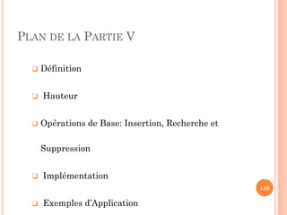 Définition
Hauteur
PLAN DE LA PARTIE V
Opérations de Base: Insertion, Recherche et
Suppression
Implémentation
Exemples d’Application
139
 
