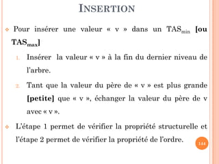 INSERTION
Pour insérer une valeur « v » dans un TASmin [ou
TASmax]
1. Insérer la valeur « v » à la fin du dernier niveau de
l’arbre.
Tant que la valeur du père de « v » est plus grande
144
2. Tant que la valeur du père de « v » est plus grande
[petite] que « v », échanger la valeur du père de v
avec « v ».
L’étape 1 permet de vérifier la propriété structurelle et
l’étape 2 permet de vérifier la propriété de l’ordre.
 