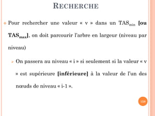RECHERCHE
Pour rechercher une valeur « v » dans un TASmin [ou
TASmax], on doit parcourir l’arbre en largeur (niveau par
niveau)
On passera au niveau « i » si seulement si la valeur « v
158
On passera au niveau « i » si seulement si la valeur « v
» est supérieure [inférieure] à la valeur de l’un des
nœuds de niveau « i-1 ».
 