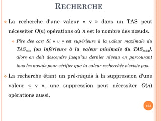 RECHERCHE
La recherche d'une valeur « v » dans un TAS peut
nécessiter O(n) opérations où n est le nombre des nœuds.
Pire des cas: Si « v » est supérieure à la valeur maximale du
TASmin [ou inférieure à la valeur minimale du TASmax],
alors on doit descendre jusqu’au dernier niveau en parcourant
163
tous les nœuds pour vérifier que la valeur recherchée n’existe pas.
La recherche étant un pré-requis à la suppression d'une
valeur « v », une suppression peut nécessiter O(n)
opérations aussi.
 
