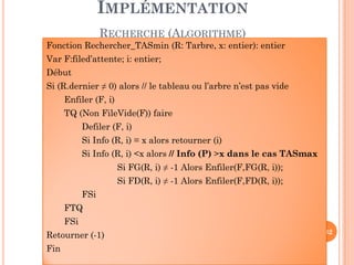 PARCOURS EN PROFONDEUR
Ces parcours (préordre, inordre et postordre) sont des
parcours simples à définir et à programmer (en récursif).
Soit R un arbre binaire (pouvant être vide : R=NIL).
S'il n'est pas vide (n pointe le nœud racine), alors il a la forme
suivante (avec T1 et T2 des sous arbres définis de la même manière
29
que n) :
R
T1 T2
Sous arbre gauche G Sous arbre droit D
 