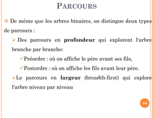 PARCOURS
De même que les arbres binaires, on distingue deux types
de parcours :
Des parcours en profondeur qui explorent l'arbre
branche par branche:
Préordre : où on affiche le père avant ses fils,
202
Préordre : où on affiche le père avant ses fils,
Postordre : où on affiche les fils avant leur père.
Le parcours en largeur (breadth-first) qui explore
l'arbre niveau par niveau
 