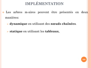 PARCOURS INORDRE
Le parcours inordre de R (s'il n'est pas vide) consiste
d'abord à parcourir récursivement en inordre le sous arbre
gauche T1, puis visiter le nœud racine (R) ensuite parcourir
récursivement en inordre le sous arbre droit T2 ce qui donne
[ T1 , R , T2 ou GRD ]
33
[ T1 , R , T2 ou GRD ]
R
T1 T2
Sous arbre gauche G Sous arbre droit D
 