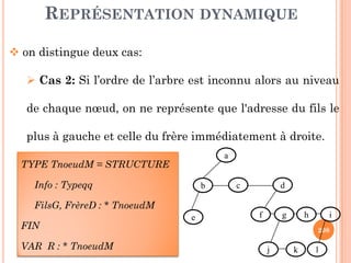 REPRÉSENTATION DYNAMIQUE
on distingue deux cas:
Cas 2: Si l’ordre de l’arbre est inconnu alors au niveau
de chaque nœud, on ne représente que l'adresse du fils le
plus à gauche et celle du frère immédiatement à droite.
208
plus à gauche et celle du frère immédiatement à droite.
TYPE TnoeudM = STRUCTURE
Info : Typeqq
FilsG, FrèreD : * TnoeudM
FIN
VAR R : * TnoeudM
a
b c d
e f g h i
j k l
 