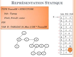 REPRÉSENTATION STATIQUE
a 1 -1
b 4 2
c -1 3
d 5 -1
0
1
2
3
R
TYPE TnoeudM = STRUCTURE
Info : Typeqq
FilsG, FrèreD : entier
FIN
VAR R : TABLEAU [0..Max-1] DE * TnoeudM
Info FiG FrD
212
e -1 -1
f -1 6
g 9 7
h -1 8
i 11 -1
j -1 10
k -1 -1
l -1 -1
4
5
6
7
8
9
10
11
a
b c d
e f g h i
j k l
 