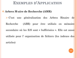 EXEMPLES D’APPLICATION
Arbres M-aire de Recherche (AMR)
C'est une généralisation des Arbres Binaire de
Recherche (ABR) pour être utilisés en mémoire
secondaire où les E/S sont « bufférisées ». Elle est aussi
218
secondaire où les E/S sont « bufférisées ». Elle est aussi
utilisée pour l’ organisation de fichiers (les indexes des
articles)
 