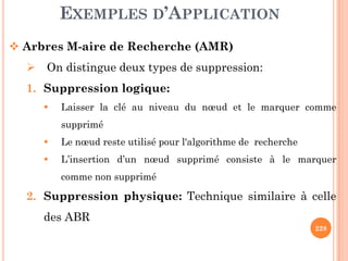 EXEMPLES D’APPLICATION
Arbres M-aire de Recherche (AMR)
On distingue deux types de suppression:
1. Suppression logique:
Laisser la clé au niveau du nœud et le marquer comme
supprimé
228
Le nœud reste utilisé pour l'algorithme de recherche
L’insertion d’un nœud supprimé consiste à le marquer
comme non supprimé
2. Suppression physique: Technique similaire à celle
des ABR
 