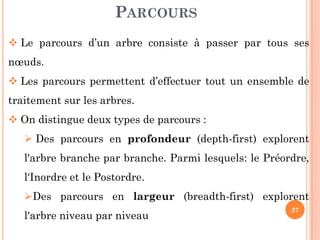 PARCOURS
Le parcours d’un arbre consiste à passer par tous ses
nœuds.
Les parcours permettent d’effectuer tout un ensemble de
traitement sur les arbres.
On distingue deux types de parcours :
27
On distingue deux types de parcours :
Des parcours en profondeur (depth-first) explorent
l'arbre branche par branche. Parmi lesquels: le Préordre,
l‘Inordre et le Postordre.
Des parcours en largeur (breadth-first) explorent
l'arbre niveau par niveau
 