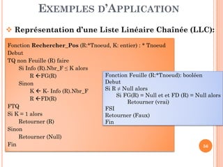 EXEMPLES D’APPLICATION
Représentation d’une Liste Linéaire Chaînée (LLC):
Fonction Rechercher_Pos (R:*Tnoeud, K: entier) : * Tnoeud
Debut
TQ non Feuille (R) faire
Si Info (R).Nbr_F ≤ K alors
R FG(R)
Sinon
Fonction Feuille (R:*Tnoeud): booléen
Debut
56
Sinon
K K- Info (R).Nbr_F
R FD(R)
FTQ
Si K = 1 alors
Retourner (R)
Sinon
Retourner (Null)
Fin
Debut
Si R ≠ Null alors
Si FG(R) = Null et et FD (R) = Null alors
Retourner (vrai)
FSI
Retourner (Faux)
Fin
 