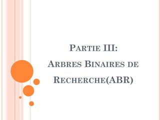DÉFINITION & TERMINOLOGIES
Racine: est le nœud qui n'a
pas de prédécesseur (parent) et
possède zéro ou plusieurs fils. La
racine constitue la caractéristique
d'un arbre.
A
C DB
E G HF I
Racine
Nœud interne
9
Feuille : est un nœud qui n'a
pas de successeur (fils). Une
feuille est aussi appelée un nœud
externe.
Nœud interne : est tout nœud
qui admet au moins un
successeur (fils).
E G HF I
LKJ
Feuilles
 