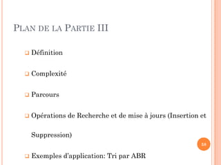 Définition
Complexité
PLAN DE LA PARTIE III
Parcours
Opérations de Recherche et de mise à jours (Insertion et
Suppression)
Exemples d’application: Tri par ABR
58
 