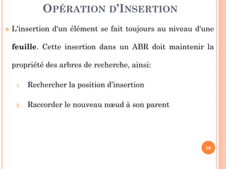 OPÉRATION D’INSERTION
L'insertion d'un élément se fait toujours au niveau d'une
feuille. Cette insertion dans un ABR doit maintenir la
propriété des arbres de recherche, ainsi:
1. Rechercher la position d’insertion
66
1. Rechercher la position d’insertion
2. Raccorder le nouveau nœud à son parent
 