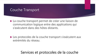 Couche Transport
 La couche transport permet de créer une liaison de
communication logique entre des applications qui
s’exécutent dans des hôtes distants.
 Les protocoles de la couche transport s’exécutent aux
extrémités du réseau.
Services et protocoles de la couche
 