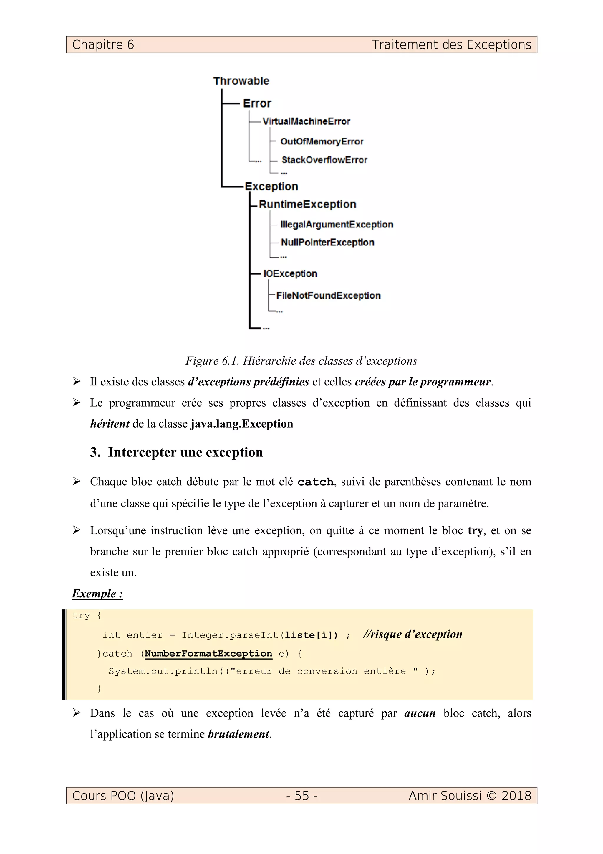 Chapitre 6 Traitement des Exceptions
Cours POO (Java) - 55 - Amir Souissi © 2018
Figure 6.1. Hiérarchie des classes d’exceptions
Il existe des classes d’exceptions prédéfinies et celles créées par le programmeur.
Le programmeur crée ses propres classes d’exception en définissant des classes qui
héritent de la classe java.lang.Exception
3. Intercepter une exception
Chaque bloc catch débute par le mot clé catch, suivi de parenthèses contenant le nom
d’une classe qui spécifie le type de l’exception à capturer et un nom de paramètre.
Lorsqu’une instruction lève une exception, on quitte à ce moment le bloc try, et on se
branche sur le premier bloc catch approprié (correspondant au type d’exception), s’il en
existe un.
Exemple :
try {
int entier = Integer.parseInt(liste[i]) ; //risque d’exception
}catch (NumberFormatException e) {
System.out.println(("erreur de conversion entière " );
}
Dans le cas où une exception levée n’a été capturé par aucun bloc catch, alors
l’application se termine brutalement.
 