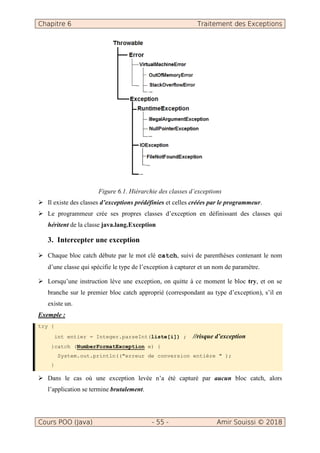Chapitre 6 Traitement des Exceptions
Cours POO (Java) - 55 - Amir Souissi © 2018
Figure 6.1. Hiérarchie des classes d’exceptions
Il existe des classes d’exceptions prédéfinies et celles créées par le programmeur.
Le programmeur crée ses propres classes d’exception en définissant des classes qui
héritent de la classe java.lang.Exception
3. Intercepter une exception
Chaque bloc catch débute par le mot clé catch, suivi de parenthèses contenant le nom
d’une classe qui spécifie le type de l’exception à capturer et un nom de paramètre.
Lorsqu’une instruction lève une exception, on quitte à ce moment le bloc try, et on se
branche sur le premier bloc catch approprié (correspondant au type d’exception), s’il en
existe un.
Exemple :
try {
int entier = Integer.parseInt(liste[i]) ; //risque d’exception
}catch (NumberFormatException e) {
System.out.println(("erreur de conversion entière " );
}
Dans le cas où une exception levée n’a été capturé par aucun bloc catch, alors
l’application se termine brutalement.
 