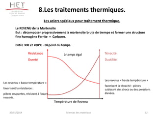 8.Les traitements thermiques.
Campus centre

Les aciers spéciaux pour traitement thermique.
Le REVENU de la Martensite
But : décomposer progressivement la martensite brute de trempe et former une structure
fine homogène Ferrite + Carbures.
Entre 300 et 700°C . Dépend du temps.
Résistance

à temps égal

Dureté

Ténacité
Ductilité

Les revenus « haute température »

Les revenus « basse température »

favorisent la ténacité : pièces
subissant des chocs ou des pressions
élevées.

favorisent la résistance :
pièces coupantes, résistant à l’usure,
ressorts.

Température de Revenu
30/01/2014

Sciences des matériaux

32

 