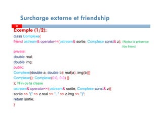 Exemple (1/2):
class Complexe{
friend ostream& operator<<(ostream& sortie, Complexe const& z); //Notez la présence
//de friend
private:
double real;
double img;
public:
Complexe(double a, double b): real(a), img(b){}
Complexe(): Complexe(0.0, 0.0) {}
}; //Fin de la classe
ostream& operator<<(ostream& sortie, Complexe const& z){
sortie << "(" << z.real << ", " << z.img << ")";
return sortie;
}
2323
Surcharge externe et friendship
 