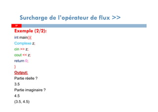 2727
Surcharge de l’opérateur de flux >>
Exemple (2/2):
int main(){
Complexe z;
cin >> z;
cout << z;
return 0;
}
Output:
Partie réelle ?
3.5
Partie imaginaire ?
4.5
(3.5, 4.5)
 