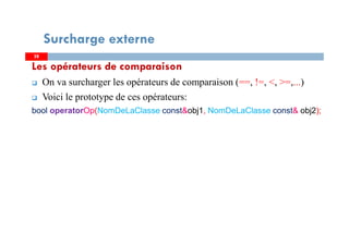 Les opérateurs de comparaison
On va surcharger les opérateurs de comparaison (==, !=, <, >=,...)
Voici le prototype de ces opérateurs:
bool operatorOp(NomDeLaClasse const&obj1, NomDeLaClasse const& obj2);
2828
Surcharge externe
 