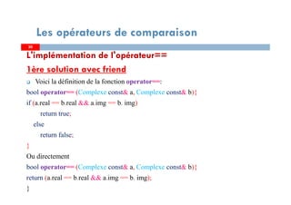 L'implémentation de l'opérateur==
1ère solution avec friend
Voici la définition de la fonction operator==:
bool operator== (Complexe const& a, Complexe const& b){
if (a.real == b.real && a.img == b. img)
return true;
else
return false;
}
Ou directement
bool operator== (Complexe const& a, Complexe const& b){
return (a.real == b.real && a.img == b. img);
}
3030
Les opérateurs de comparaison
 