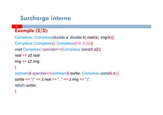 4141
Surcharge interne
Exemple (2/3):
Complexe::Complexe(double a, double b):real(a), img(b){}
Complexe::Complexe(): Complexe(0.0, 0.0) {}
void Complexe::operator+=(Complexe const& z2){
real += z2.real;
img += z2.img;
}
ostream& operator<<(ostream& sortie, Complexe const& z) {
sortie << "(" << z.real << ", " << z.img << ")";
return sortie;
}
 