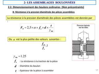 17
2- LES ASSEMBLAGES BOULONNÉES
2.2. Dimensionnement des boulons ordinaires (Non précontraints)
La résistance à la pression diamétrale des pièces assemblées est donnée par
:
B- Résistance à la pression diamétrale des pièces assemblées
d : Diamètre du boulon
t : Epaisseur de la pièce à assembler
u
f : La résistance à la traction de la pièce
1.25
Mb
 
2,5
B u
Mb
t
F f d


    
Ou est la plus petite des valeurs suivantes :

,1
ub
u
f
f
 