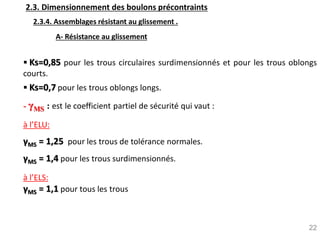 22
2.3. Dimensionnement des boulons précontraints
2.3.4. Assemblages résistant au glissement .
 Ks=0,85 pour les trous circulaires surdimensionnés et pour les trous oblongs
courts.
 Ks=0,7 pour les trous oblongs longs.
- γMS : est le coefficient partiel de sécurité qui vaut :
à l’ELU:
γMS = 1,25 pour les trous de tolérance normales.
γMS = 1,4 pour les trous surdimensionnés.
à l’ELS:
γMS = 1,1 pour tous les trous
A- Résistance au glissement
 