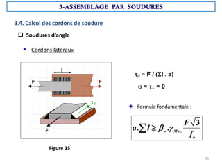 3.4. Calcul des cordons de soudure
 Soudures d’angle
 Cordons latéraux
 = ┴ = 0
// = F / (Sl . a)
Formule fondamentale :
.
3
. .
w Mw
u
F
a l
f
 


3-ASSEMBLAGE PAR SOUDURES
Figure 35
45
 