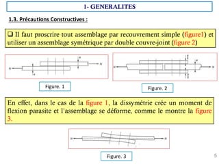 5
En effet, dans le cas de la figure 1, la dissymétrie crée un moment de
flexion parasite et l’assemblage se déforme, comme le montre la figure
3.
 Il faut proscrire tout assemblage par recouvrement simple (figure1) et
utiliser un assemblage symétrique par double couvre-joint (figure 2)
1- GENERALITES
1.3. Précautions Constructives :
Figure. 1 Figure. 2
Figure. 3
 