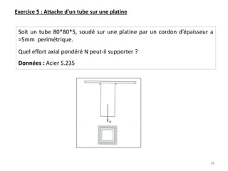 Exercice 5 : Attache d’un tube sur une platine
Soit un tube 80*80*5, soudé sur une platine par un cordon d’épaisseur a
=5mm perimétrique.
Quel effort axial pondéré N peut-il supporter ?
Données : Acier S.235
58
 