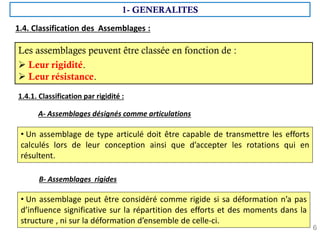 6
Les assemblages peuvent être classée en fonction de :
 Leur rigidité.
 Leur résistance.
• Un assemblage de type articulé doit être capable de transmettre les efforts
calculés lors de leur conception ainsi que d’accepter les rotations qui en
résultent.
1.4.1. Classification par rigidité :
A- Assemblages désignés comme articulations
B- Assemblages rigides
• Un assemblage peut être considéré comme rigide si sa déformation n’a pas
d’influence significative sur la répartition des efforts et des moments dans la
structure , ni sur la déformation d’ensemble de celle-ci.
1- GENERALITES
1.4. Classification des Assemblages :
 
